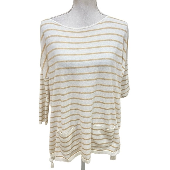 Lilly Pultizer Elba striped tan/white oversized sweater Pom Poms size small - Picture 3 of 14